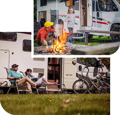 A family sitting beside the camper van enjoying the sunshine.